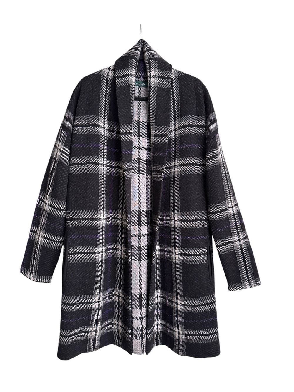 RALPH LAUREN 100% Wool Plaid Open Front Cardigan Sweater Shawl Collar Black Gray